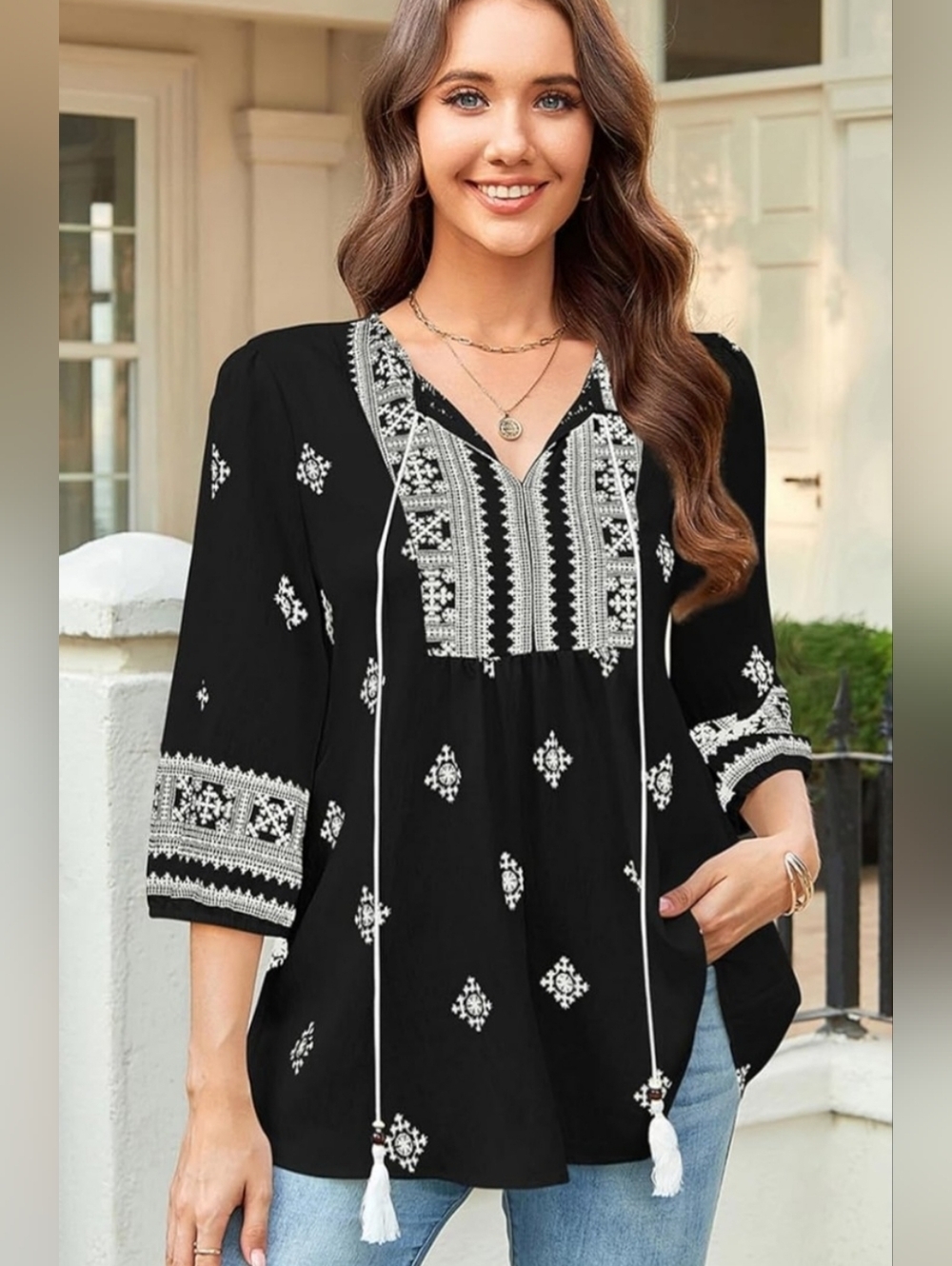 Boho Embroidered Tunic Blouse NWT Size Large 12/14 Black White - Picture 5 of 6